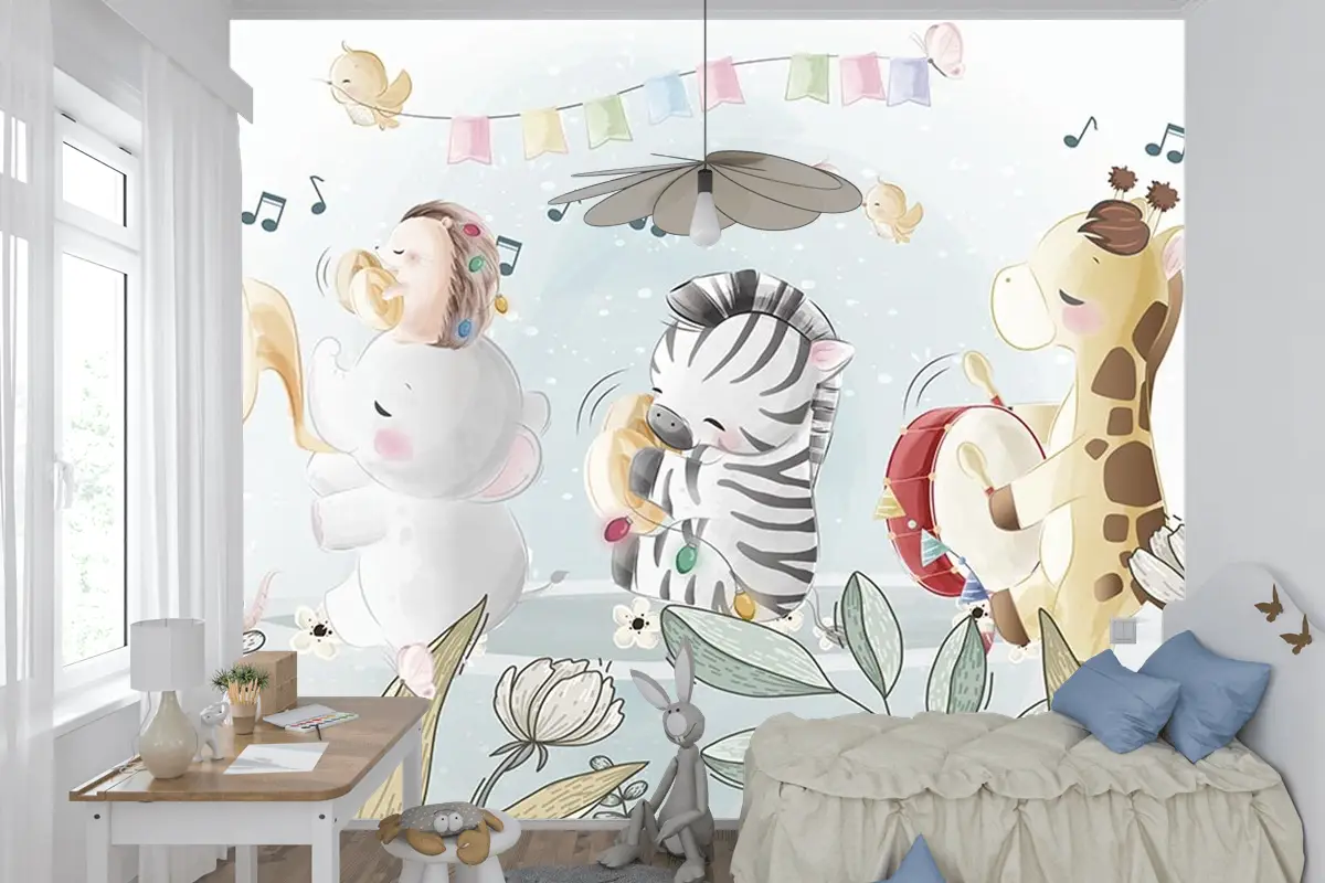 Çocuk Odası Duvar Kağıdı Müzik Çalan Sevimli Hayvanlar