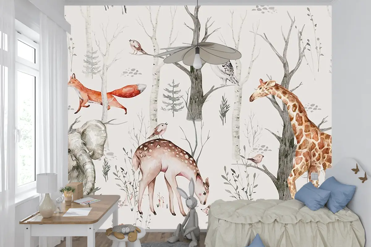 Çocuk Odası Duvar Kağıdı Ormanda Fil Zürafa