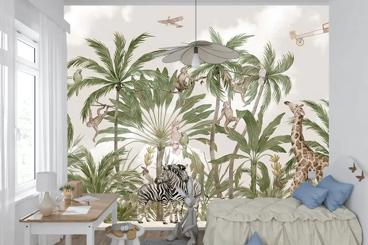 Çocuk Odası Duvar Kağıdı Safari Hayvanları Ve Tropikal Ağaçlar