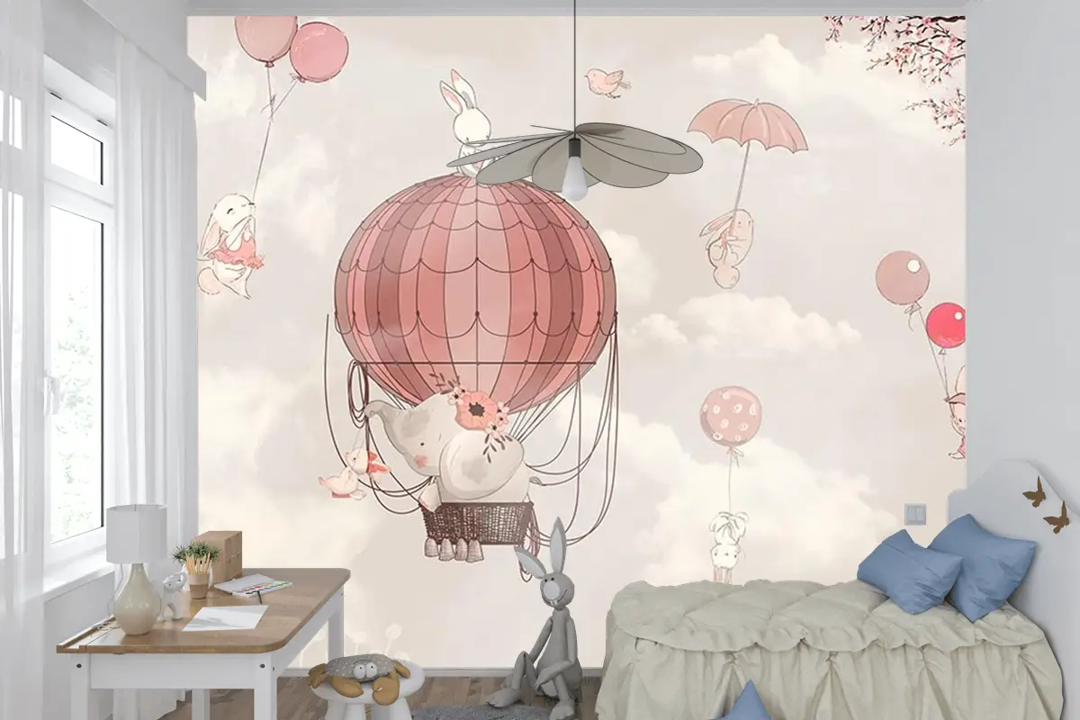 Çocuk Odası Duvar Kağıdı Uçan Balonlar Ve Sevimli Tavşanlar