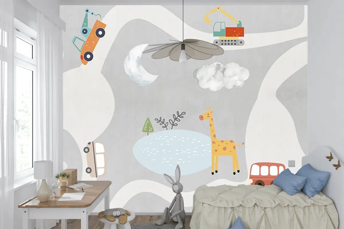 Çocuk Odası Kamyon Dozer Çocuk Odası Duvar Kağıdı