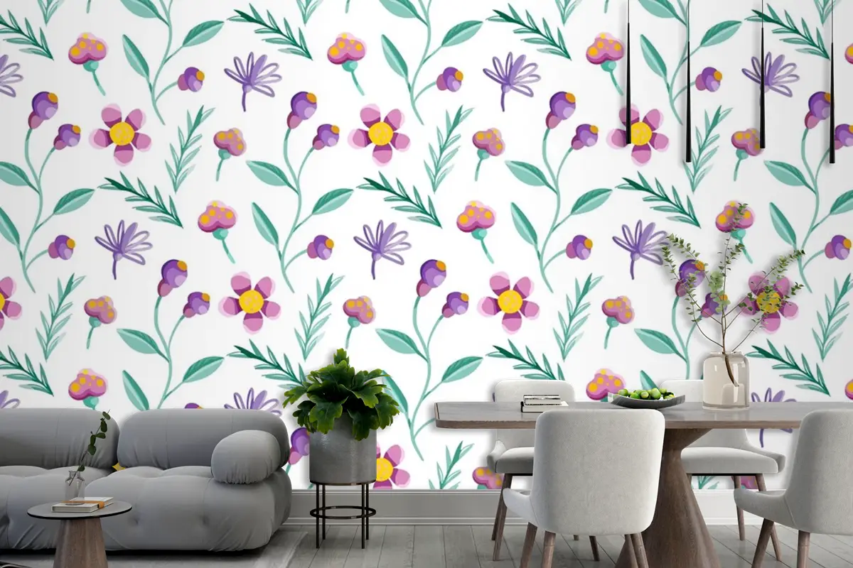 Renkli Çiçek Desenli Duvar Kağıdı