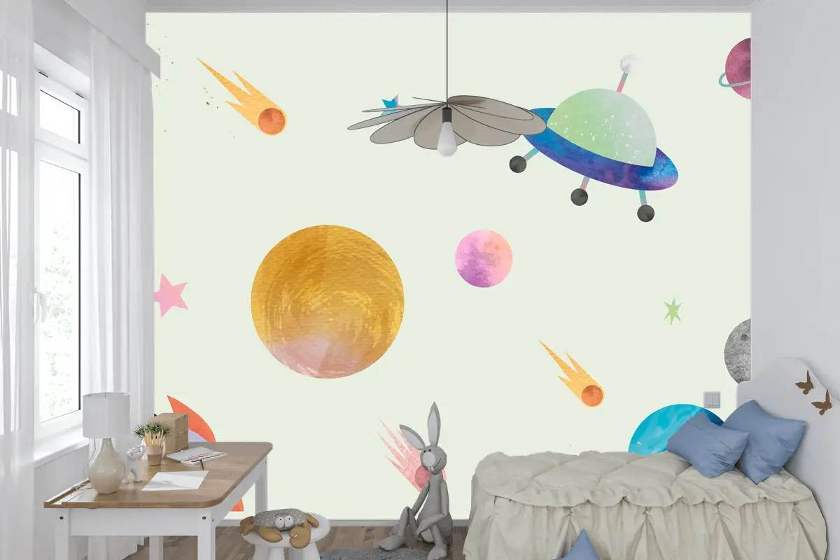Sevimli Suluboya Tarzında Renkli Galaksi Desenli Arka Plan Çocuk Odası Duvar Kağıdı