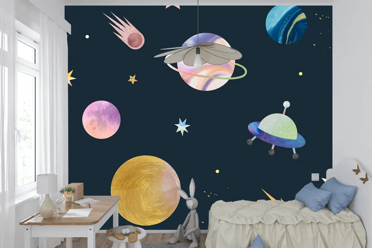 Siyah Çocuk Odası Duvar Kağıdı Duvar Üzerine Renkli Galaksi Suluboya Doodle