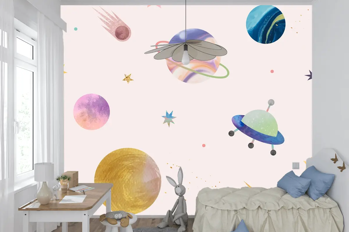 Pastel Arkaplanda Renkli Galaksi Suluboya Doodle Çocuk Odası Duvar Kağıdı