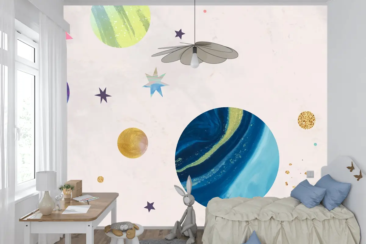 Pastel Çocuk Odası Duvar Kağıdı Duvar Üzerine Renkli Galaksi Suluboya Doodle