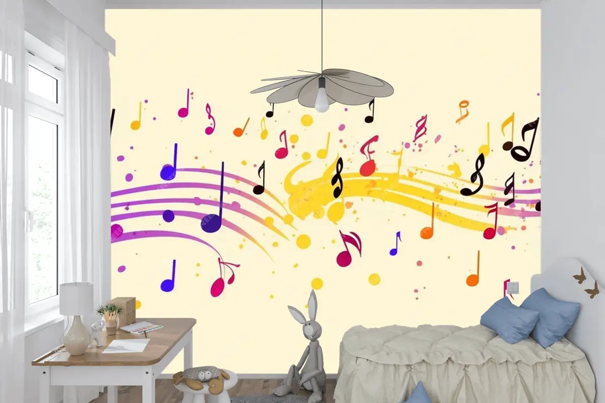 Renkli Müzik Notaları Sarı Arka Plan Çocuk Odası Duvar Kağıdı