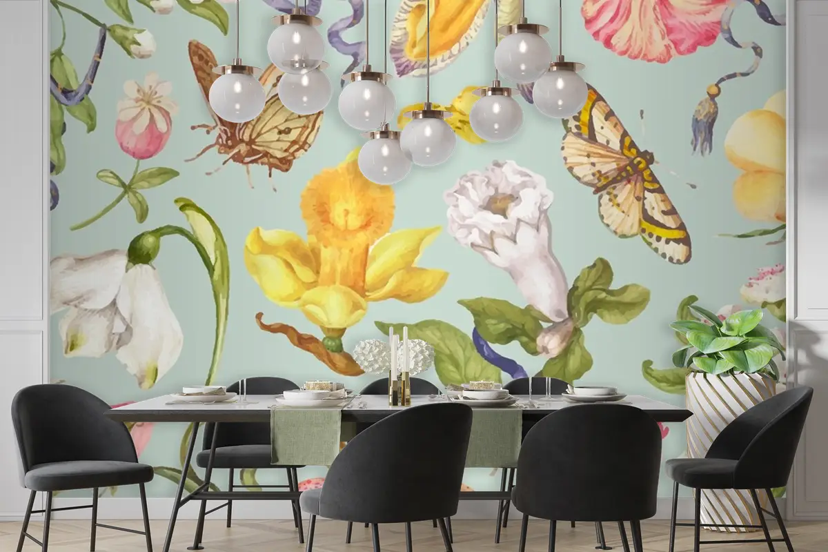 Yeşil Zemin Üzerine Renkli Vintage Çiçek Desenli Duvar Kağıdı