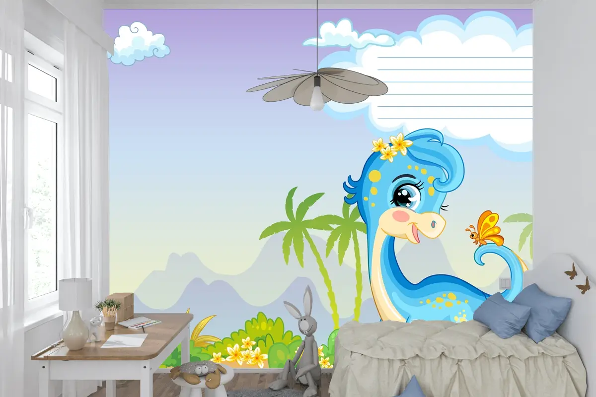 Sevimli Dinozor Mavi Diplodocus Çocuk Odası Duvar Kağıdı Ile Defter Kapağı