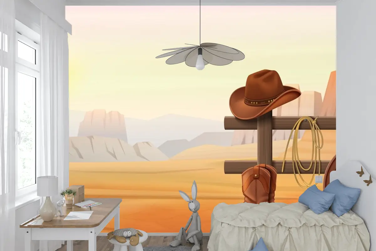 Çitin Üzerinde Kovboy Çizmeleri Ve Şapka Çocuk Odası Duvar Kağıdı
