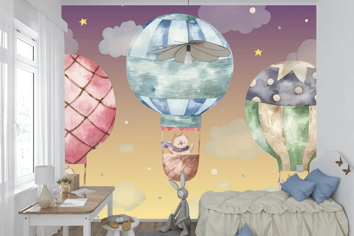 Renkli Balonların Üzerinde Uçan Sevimli Kahverengi Kedi Çocuk Odası Duvar Kağıdı