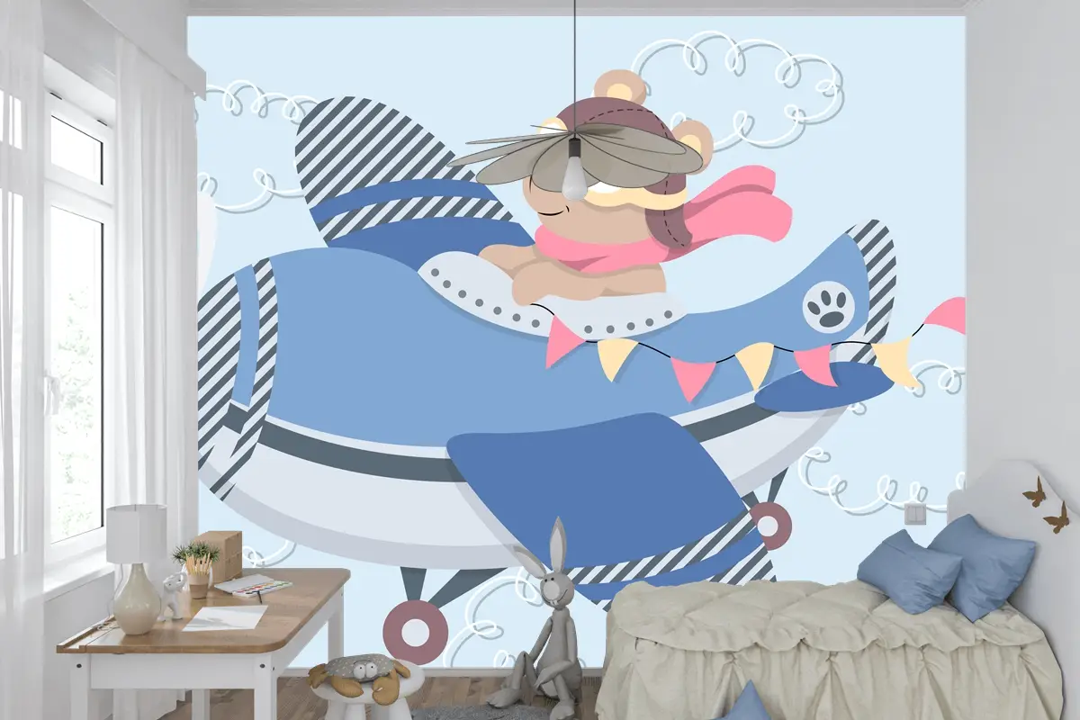 Aviator Gözlüklü Sevimli Karikatür Ayıcık Vintage Uçakta Uçan Deri Kask Ve Eşarp Çocuk Odası Duvar Kağıdı