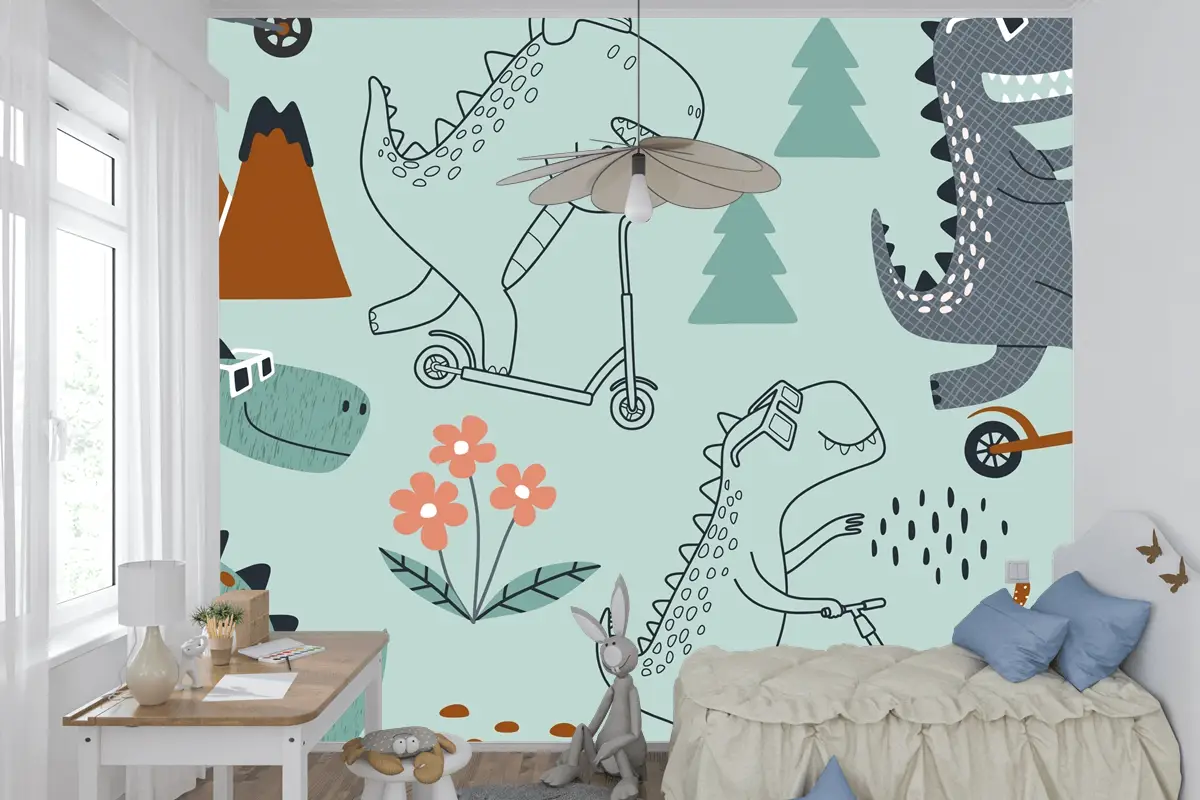 Sevimli Dinozor Scootera Biniyor Çocuk Odası Duvar Kağıdı