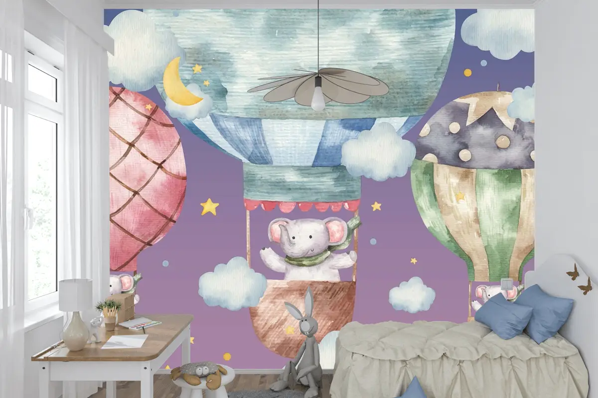 Sevimli Fil Renkli Balonların Üzerinde Uçar Çocuk Odası Duvar Kağıdı