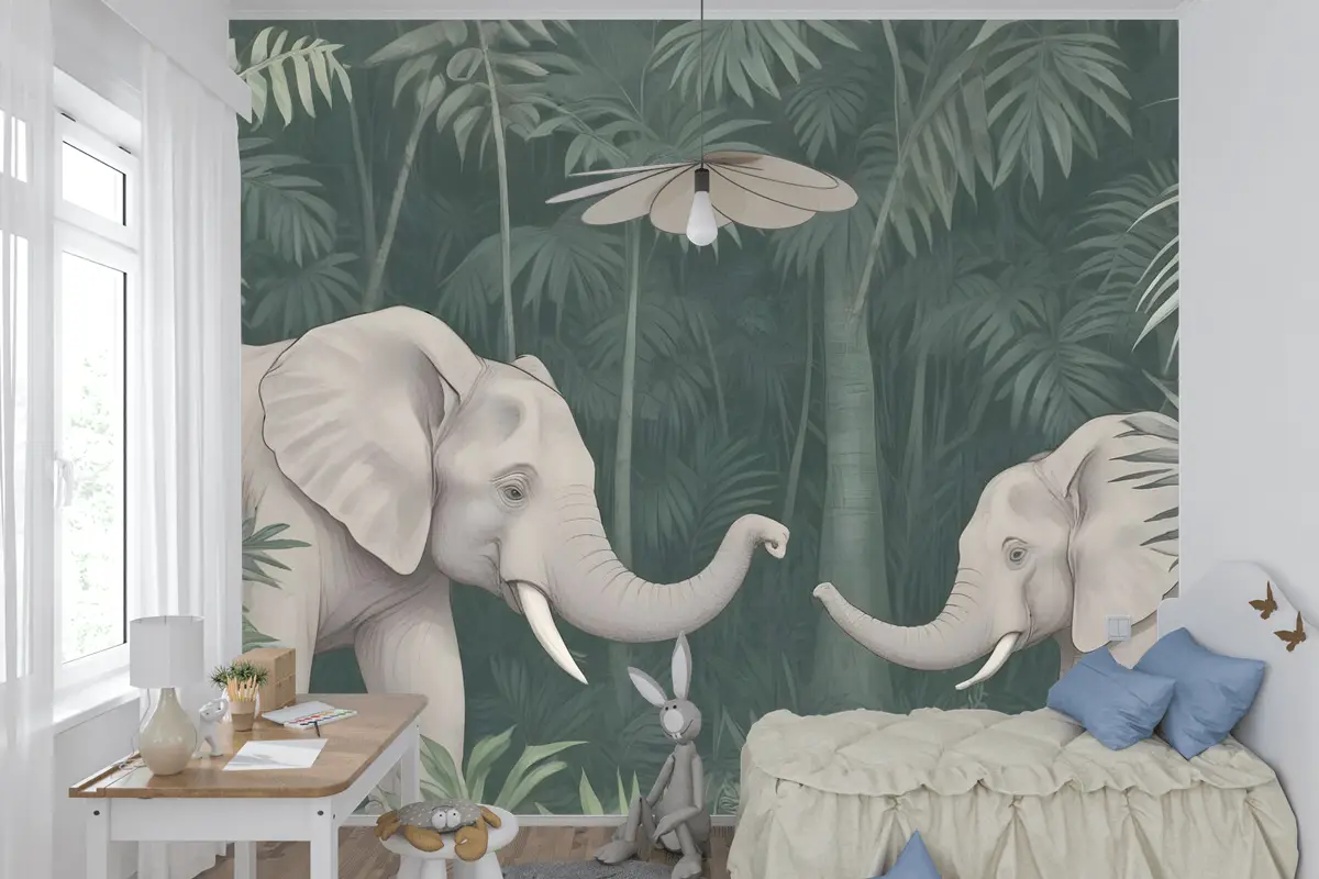 Tropikal Ormandaki Sevimli Filler Çocuk Odası Duvar Kağıdı