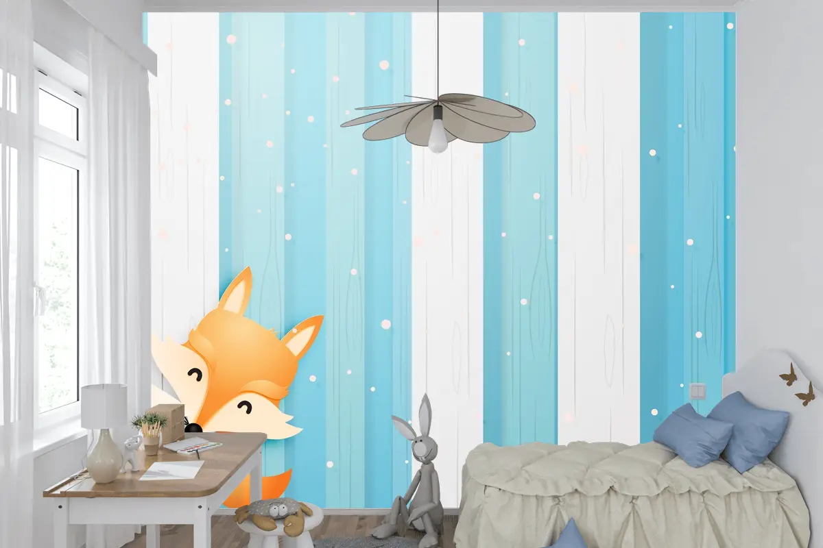 Kağıt Sanat Tarzı Pastel Düzeni Çocuk Odası Duvar Kağıdı Ile Ahşapta Sevimli Tilki Ve Tavşan