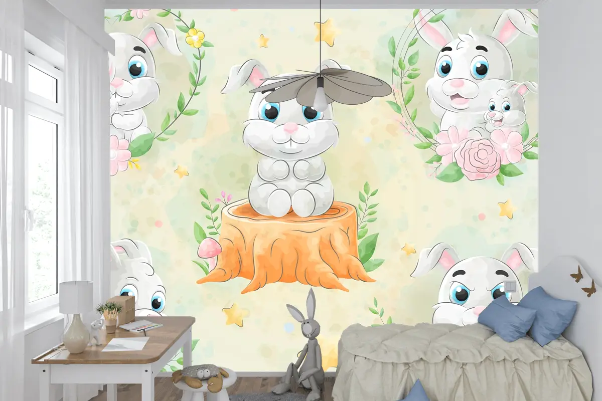 Suluboya Çocuk Odası Duvar Kağıdı  Ile Sevimli Küçük Tavşan