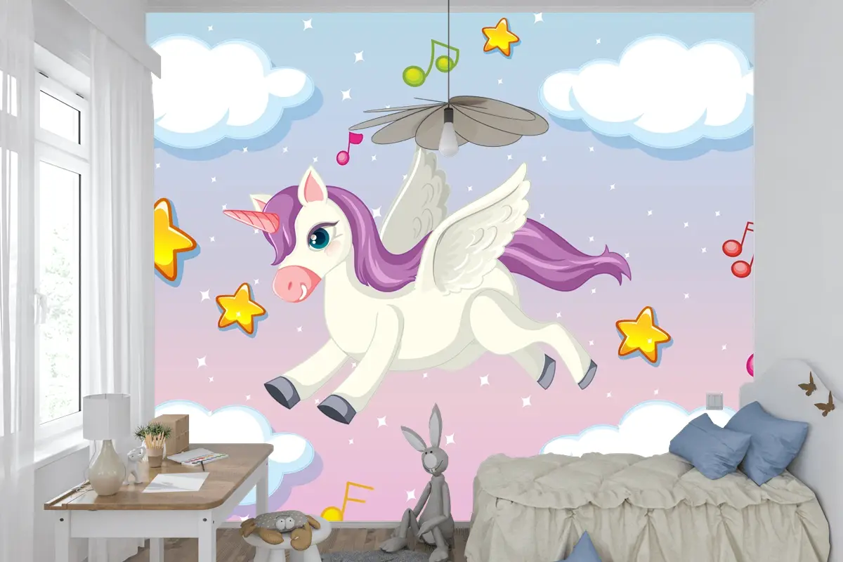 Pastel Gökyüzünde Uçan Mor Yeleli Sevimli Pegasus Çocuk Odası Duvar Kağıdı