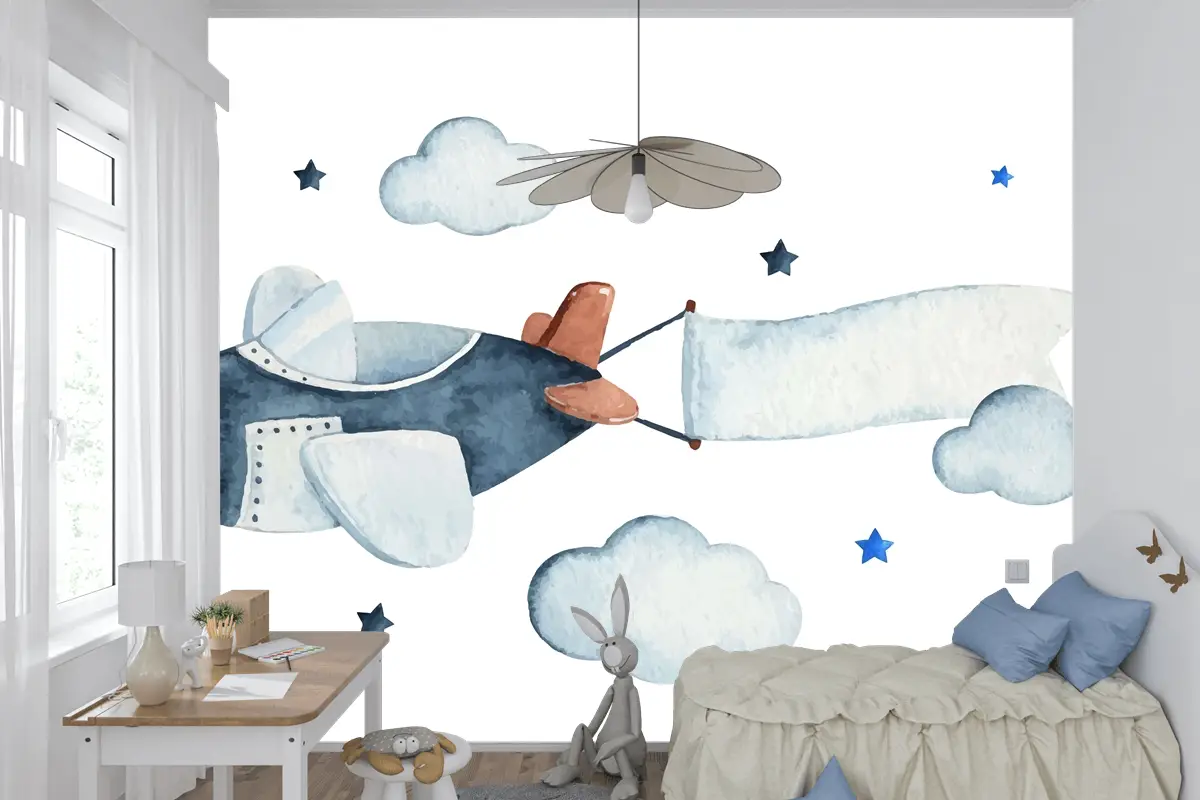 Hava Uçağı Bulutları Ve Yıldızlarla Sevimli Suluboya Gökyüzü Sahnesi Çocuk Odası Duvar Kağıdı