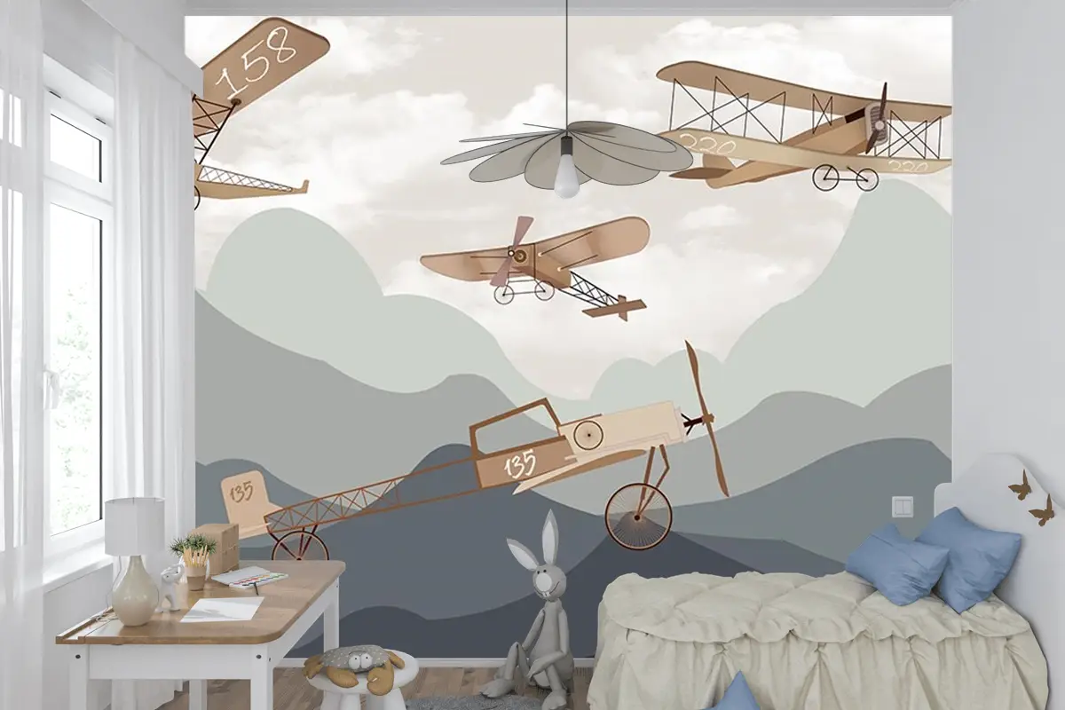 Dağlar Ve Kanatlı Uçaklar Çocuk Odası Duvar Kağıdı