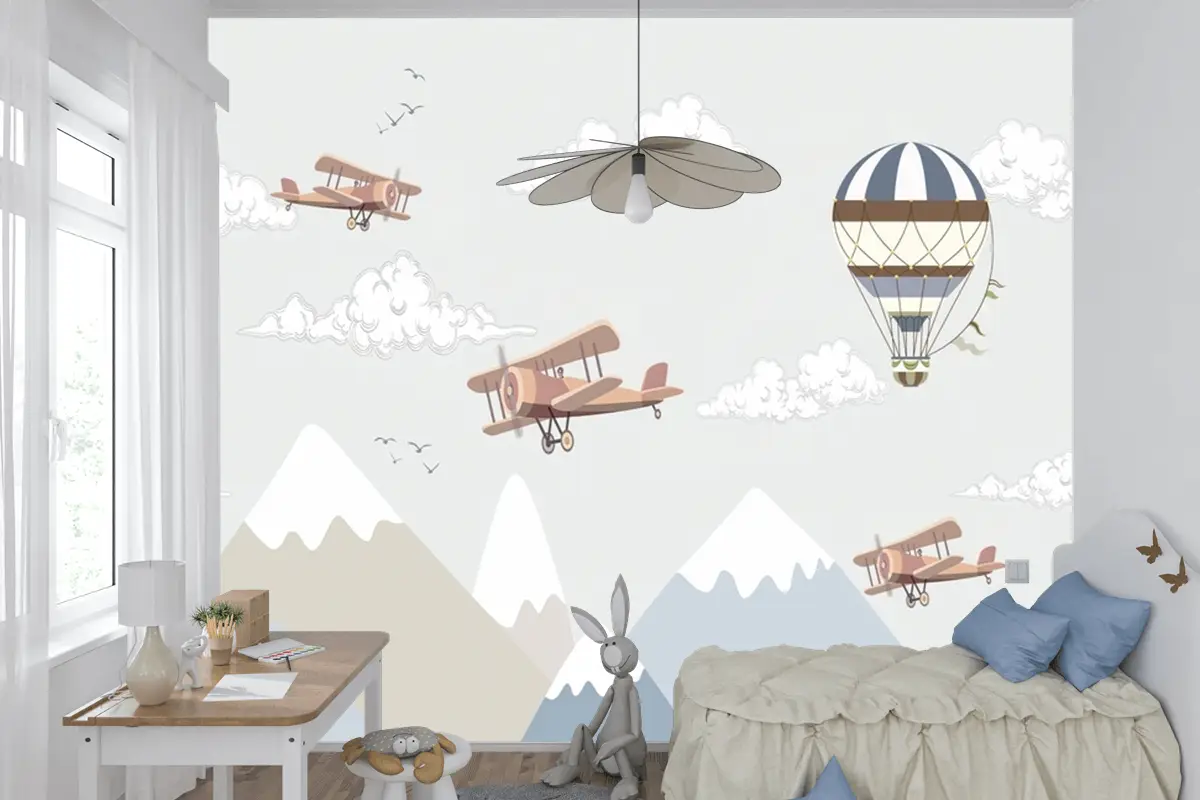 Dağlar Ve Sıcak Hava Balonları Çocuk Bebek Odası Duvar Kağıdı