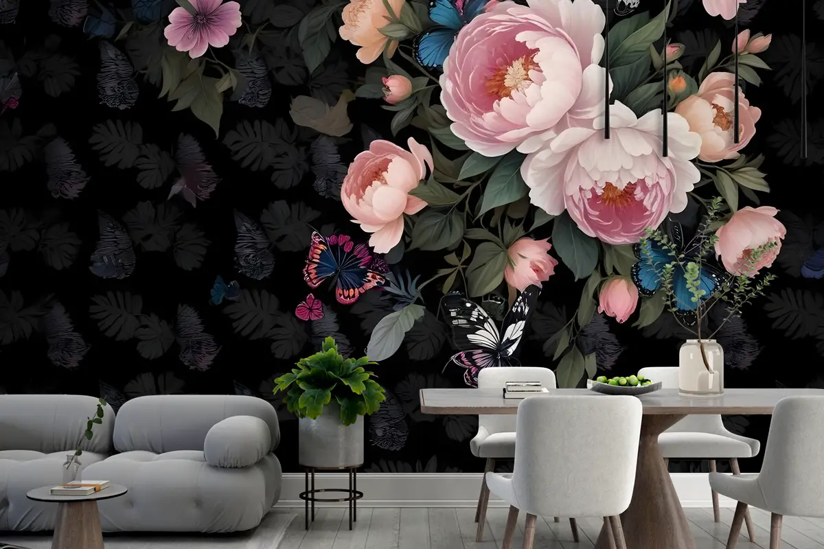 Koyu Pembe Çiçekler Ve Sarı Kelebek Duvar Kağıdı