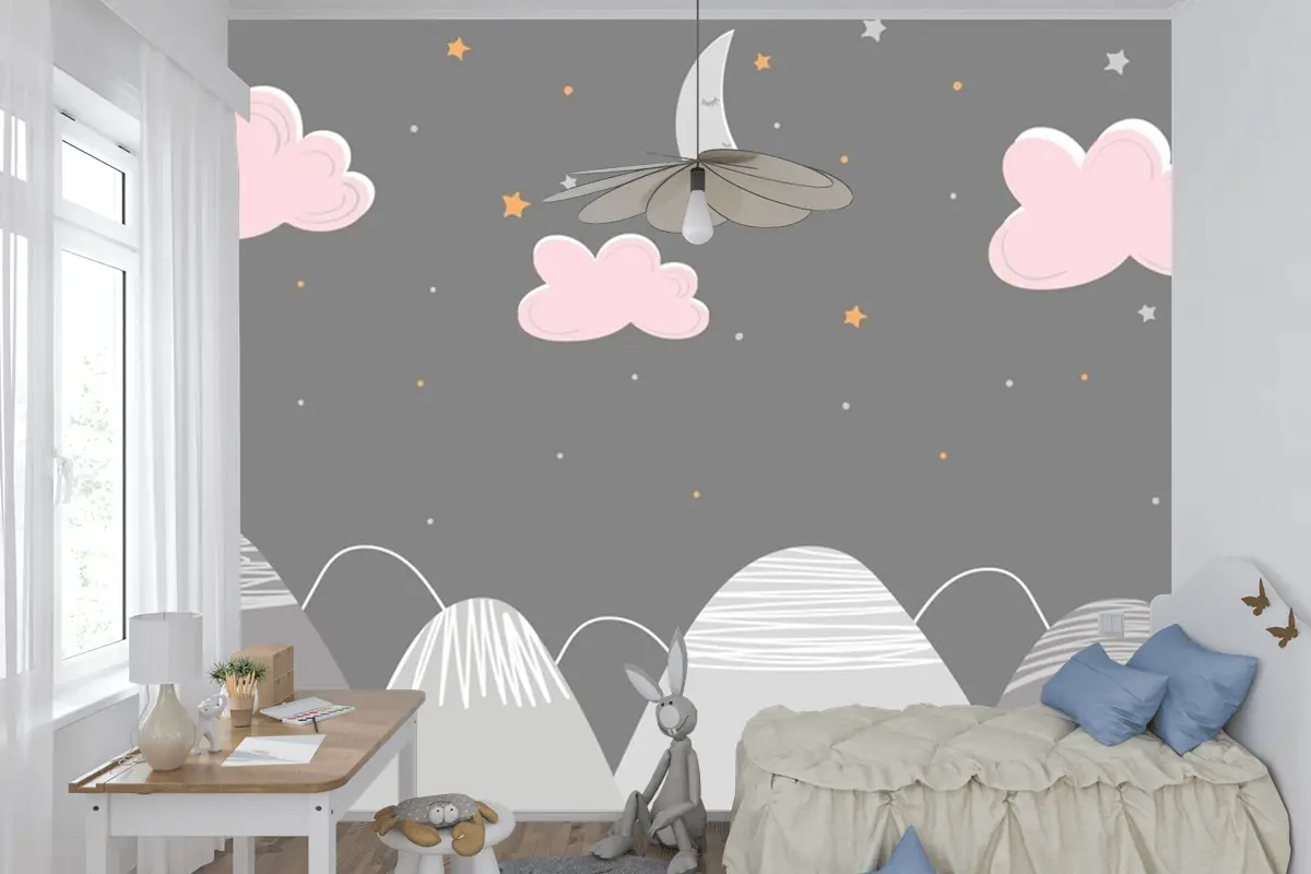 Dağ Manzarası Bulutlar Ve Uyuyan Ay Çocuk Odası Duvar Kağıdı  Ile İskandinav Tarzında Dekor