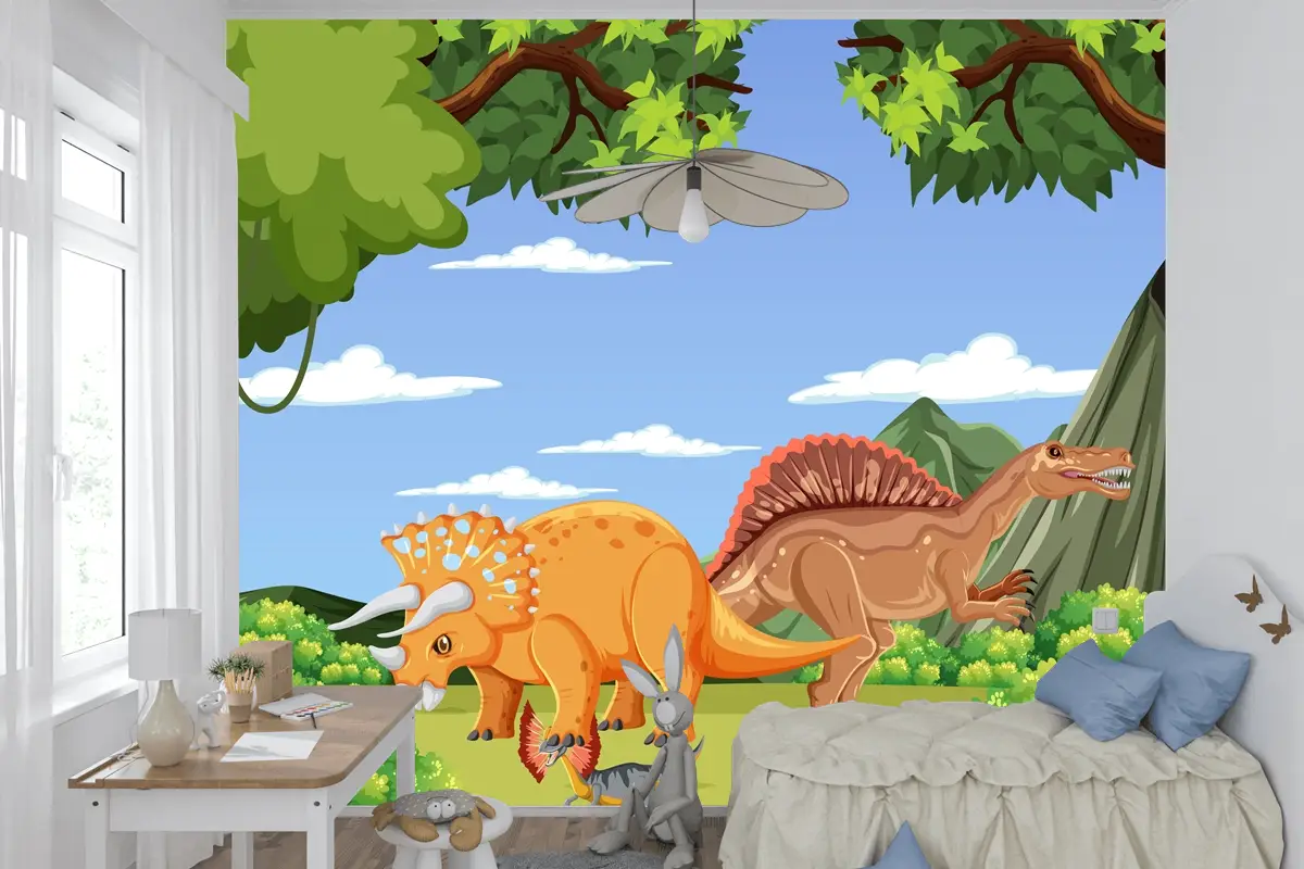 Tarih Öncesi Orman Sahnesinde Dinozor Çocuk Odası Duvar Kağıdı 