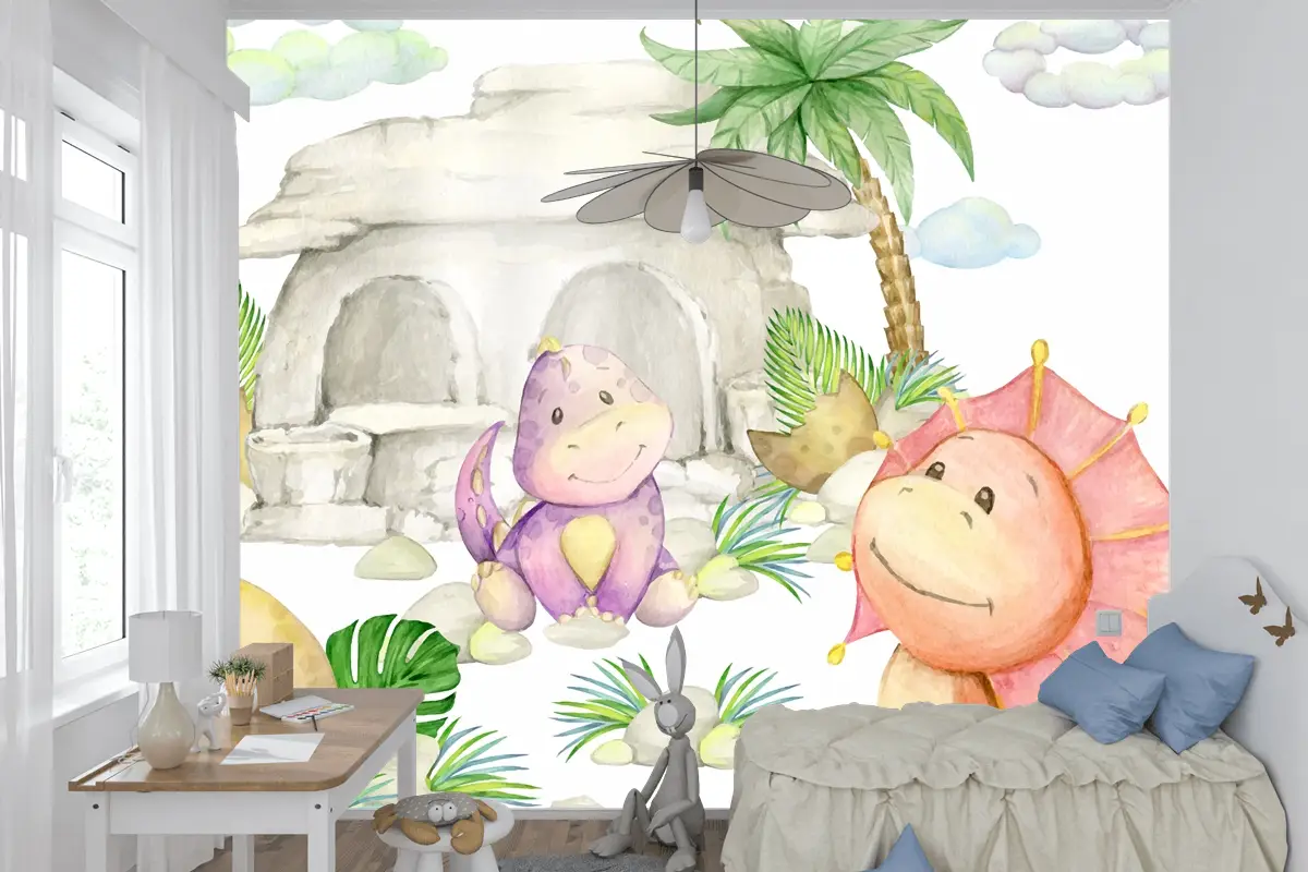 Dinozorlar Bir Taş Ev Bir Palmiye Ağacı Çocuk Odası Duvar Kağıdı