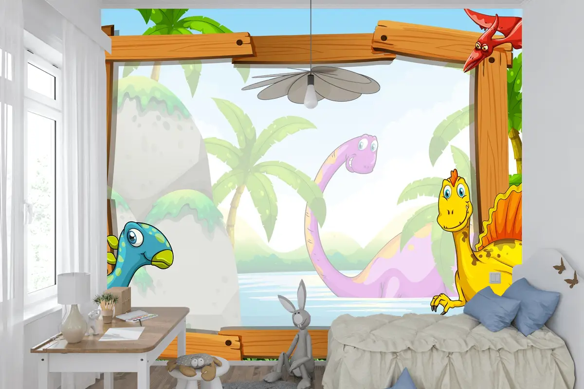 Ahşap Çerçeveli Dinozorlar Çocuk Odası Duvar Kağıdı 