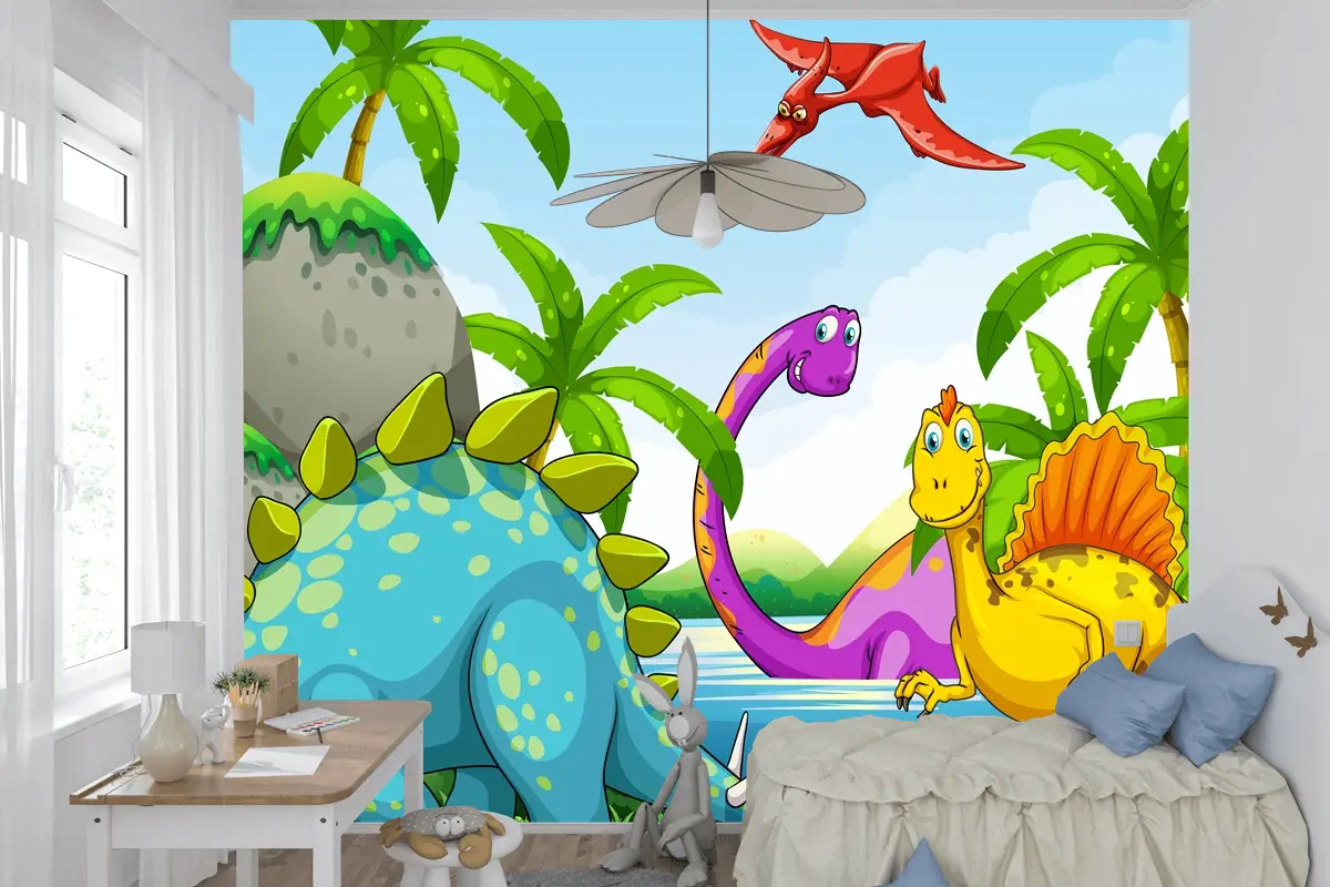 Ormanda Yaşayan Dinozorlar Çocuk Odası Duvar Kağıdı 