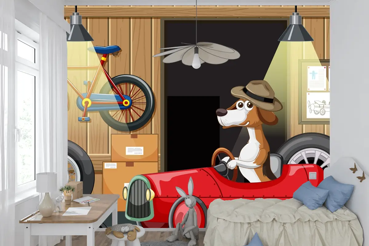 Garajda Arabayı Süren Köpek Çocuk Odası Duvar Kağıdı