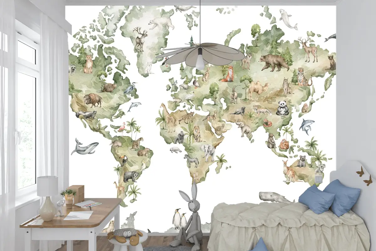 Dünya Haritası ve Dünya Hayvanları Temalı Çocuk Odası Duvar Kağıdı
