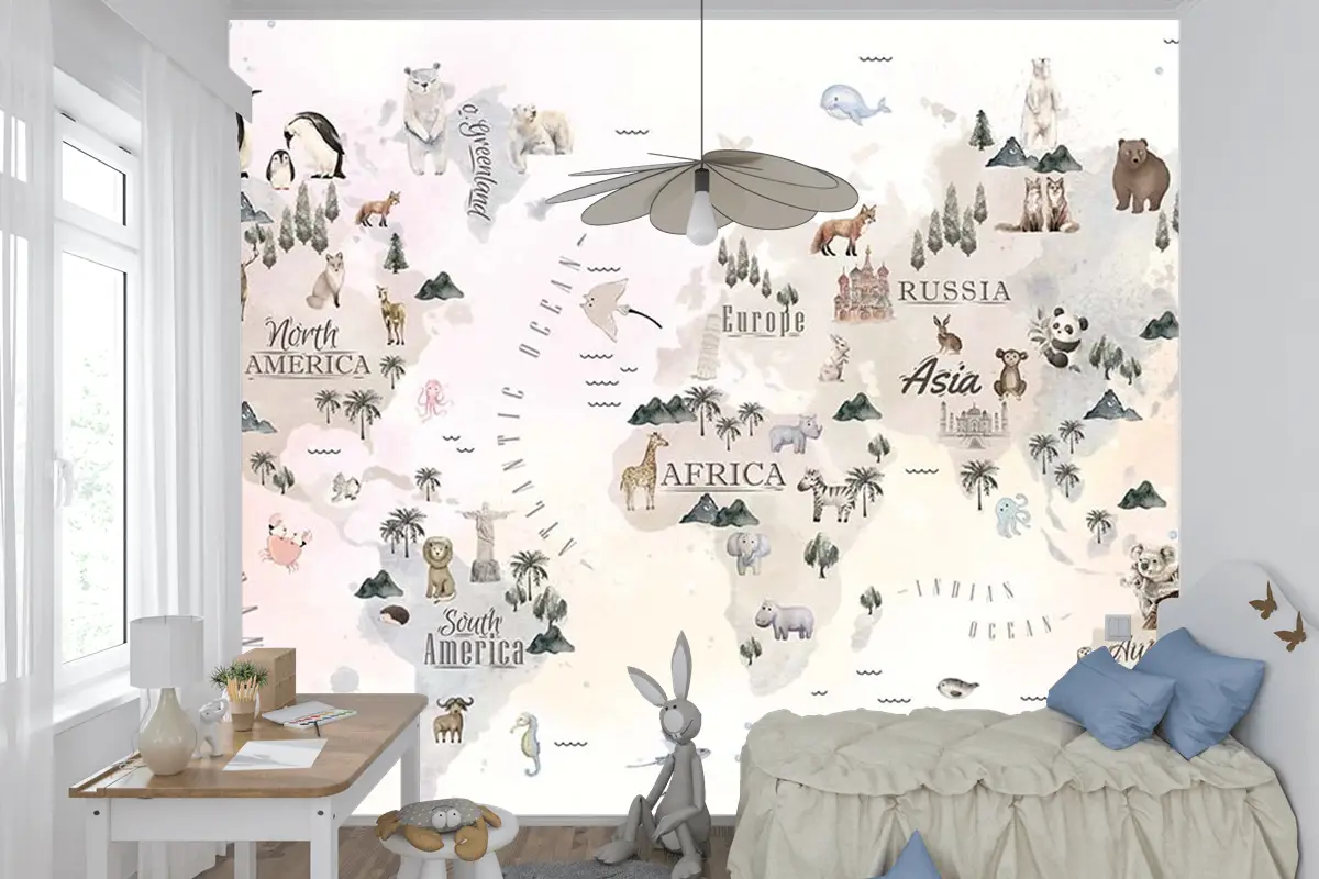 Dünya Üzerinde Sevimli Hayvanlar Çocuk Odası Duvar Kağıdı