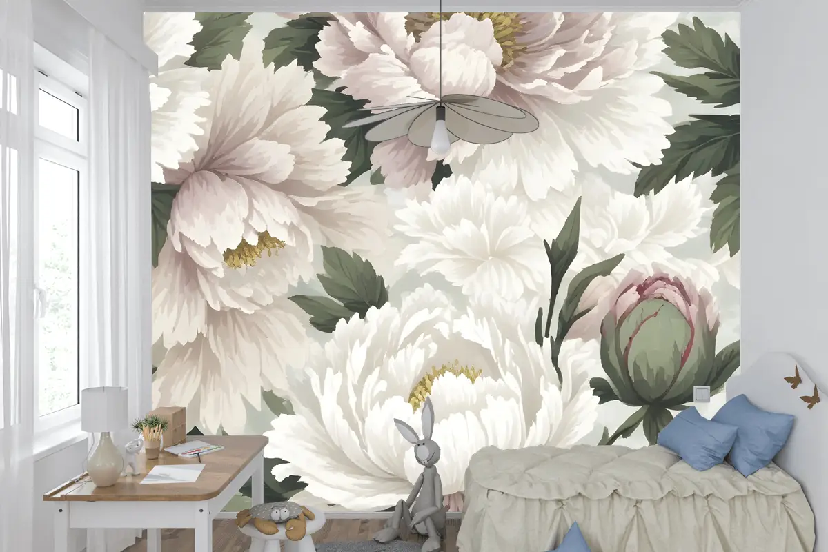 Hollandalı Pembe Şakayık Çiçek Çocuk Odası Duvar Kağıdı