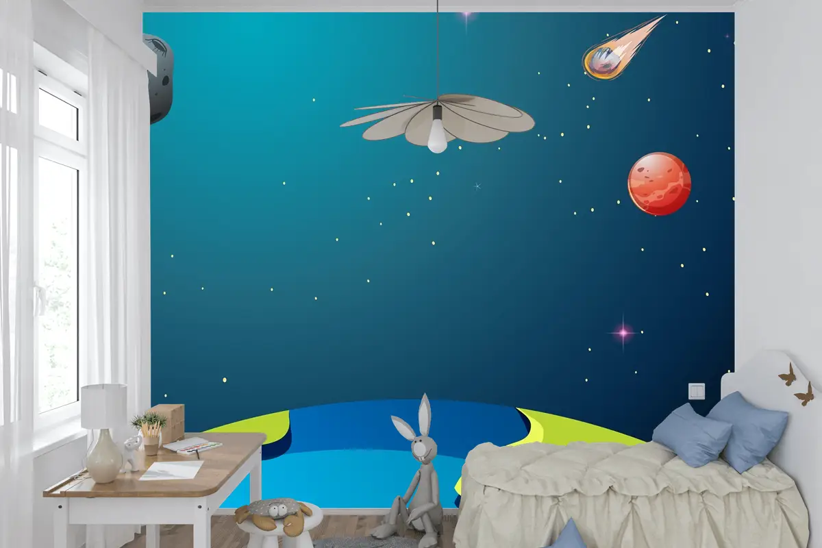 Dünya Ve Gezegenler Sahneleri Çocuk Odası Duvar Kağıdı