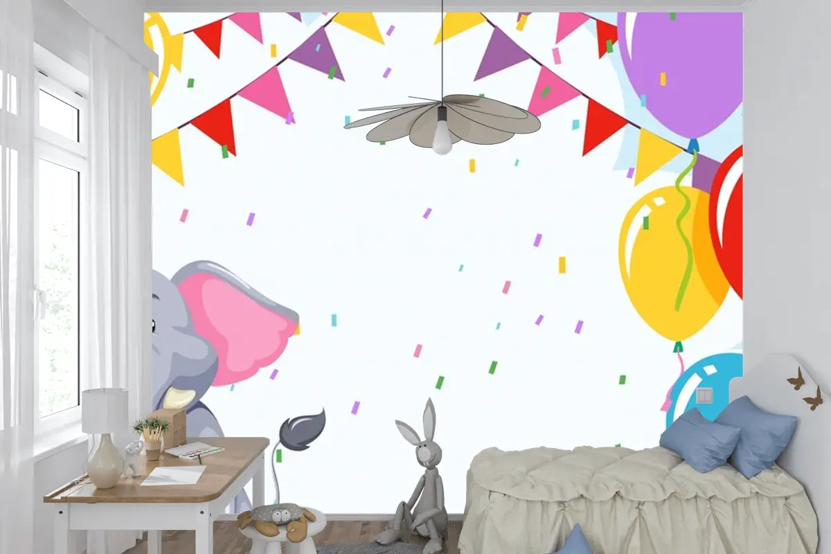 Doğum Günü Şablonunda Fil Çocuk Odası Duvar Kağıdı 