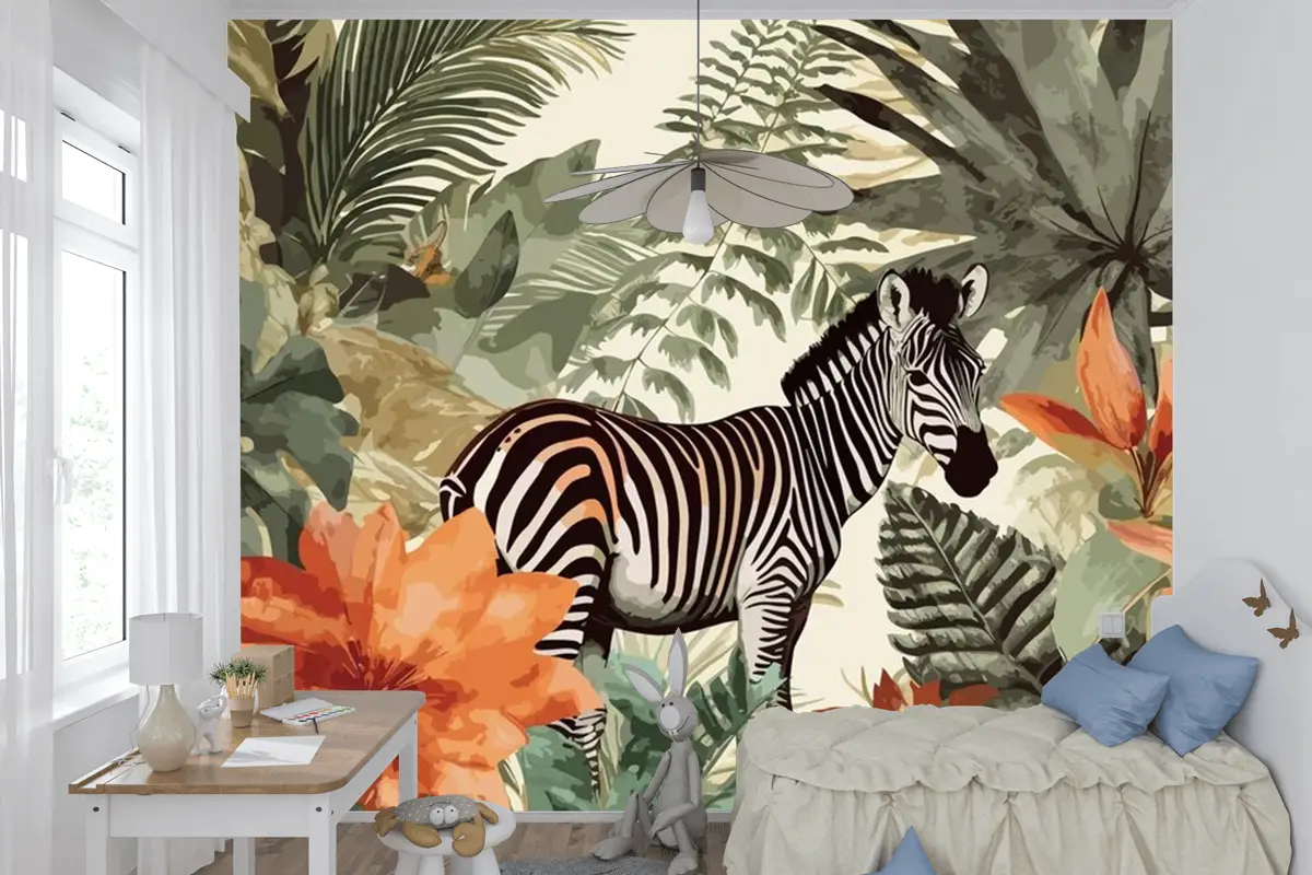 Egzotik Zebra Masalları Sanatsal Vintage Orman Kolaj Desen Sorunsuz Çocuk Odası Duvar Kağıdı