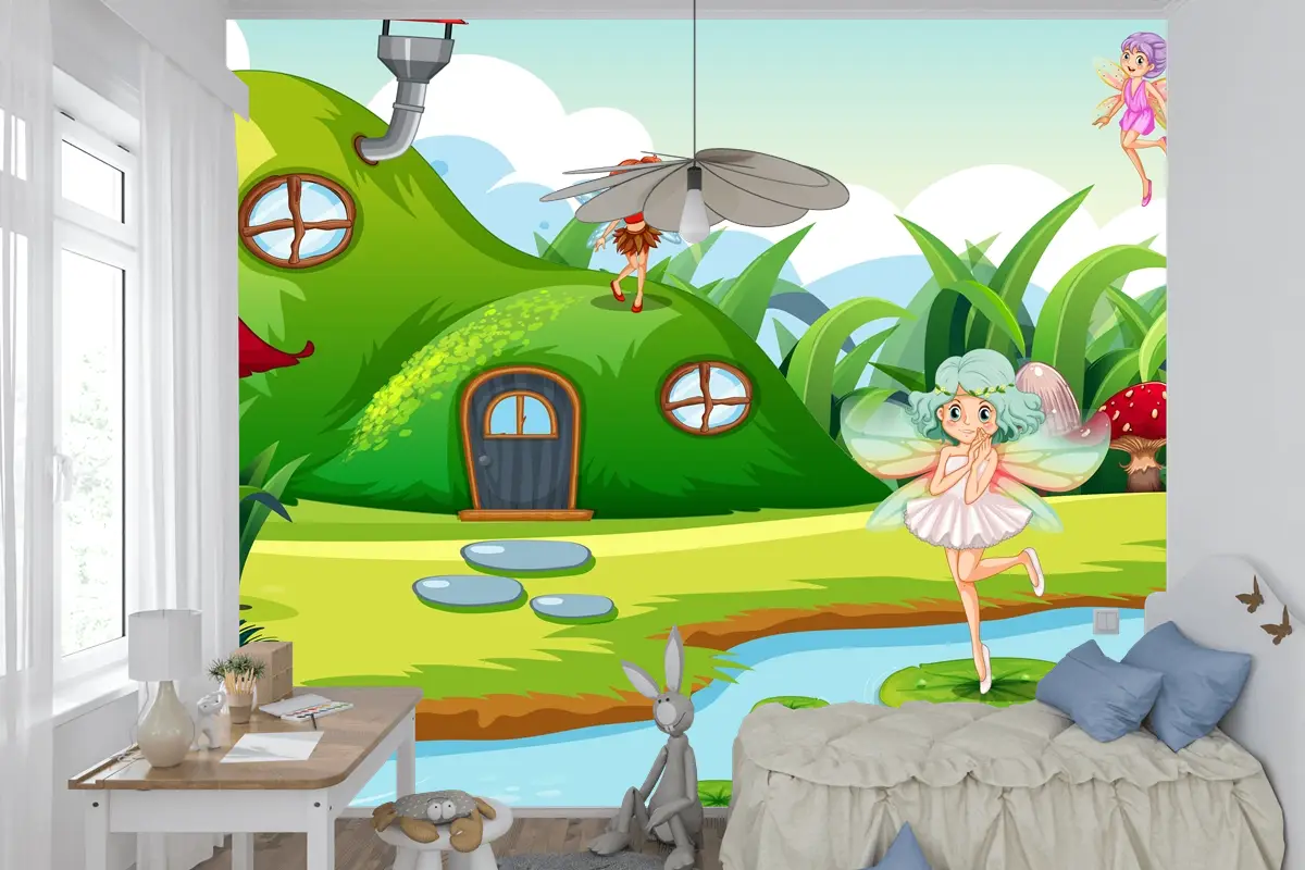 Yeşil Sahnede Fantezi Periler Çocuk Odası Duvar Kağıdı