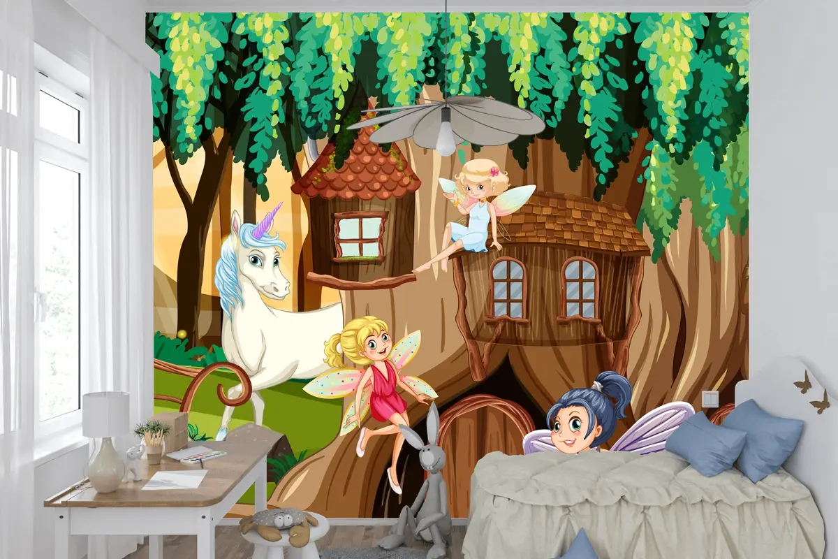Periler Ve Tek Boynuzlu Fantezi Orman Çocuk Odası Duvar Kağıdı