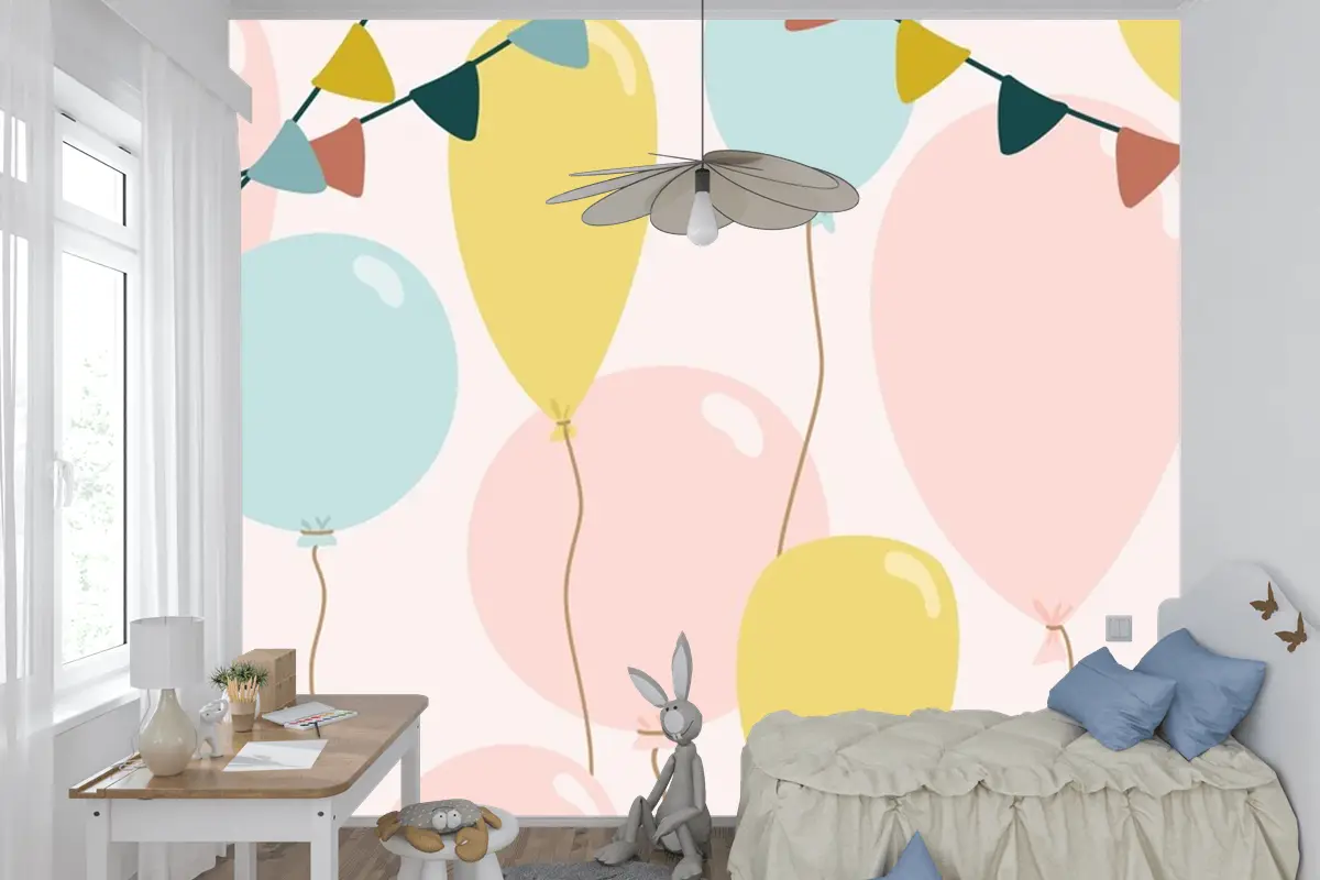 Mavi Pembe Ve Sarı Balonlu Şenlikli Arka Plan Çocuk Odası Duvar Kağıdı