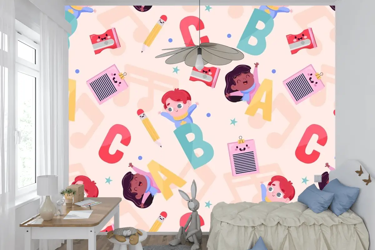 Düz Okula Dönüş Desen Tasarımı Çocuk Odası Duvar Kağıdı