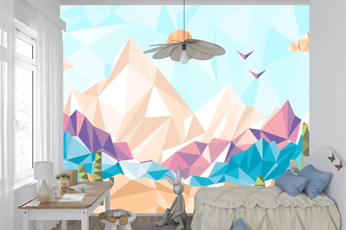 Düz Tasarım Düşük Poli Manzara Çocuk Odası Duvar Kağıdı 