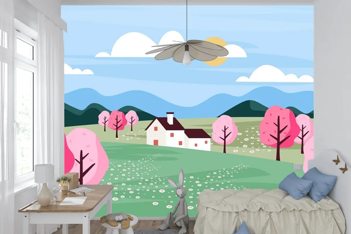 Düz Tasarım Bahar Manzara Çocuk Odası Duvar Kağıdı 