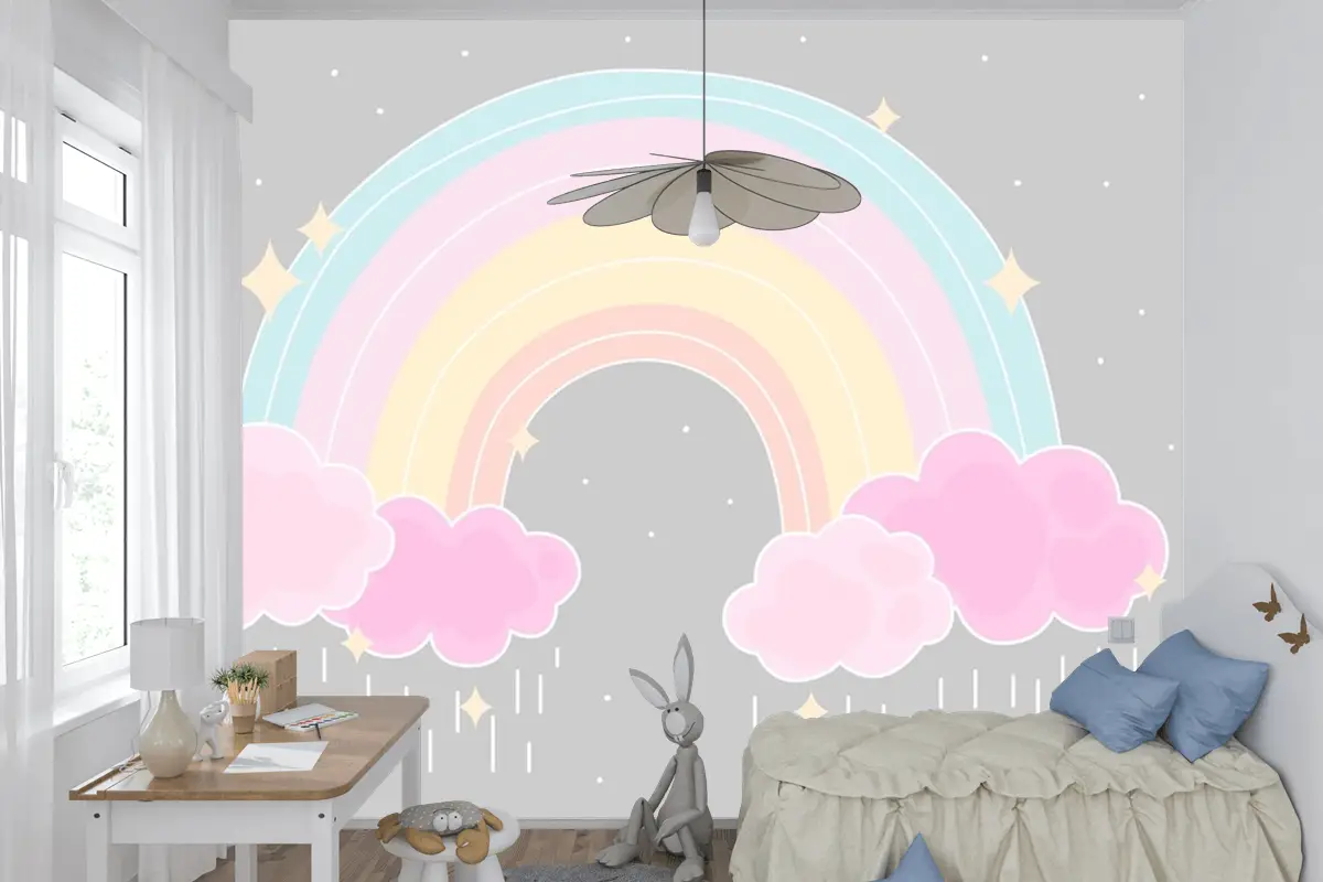 Düz Stil Renkli Gökkuşağı Çocuk Odası Duvar Kağıdı 