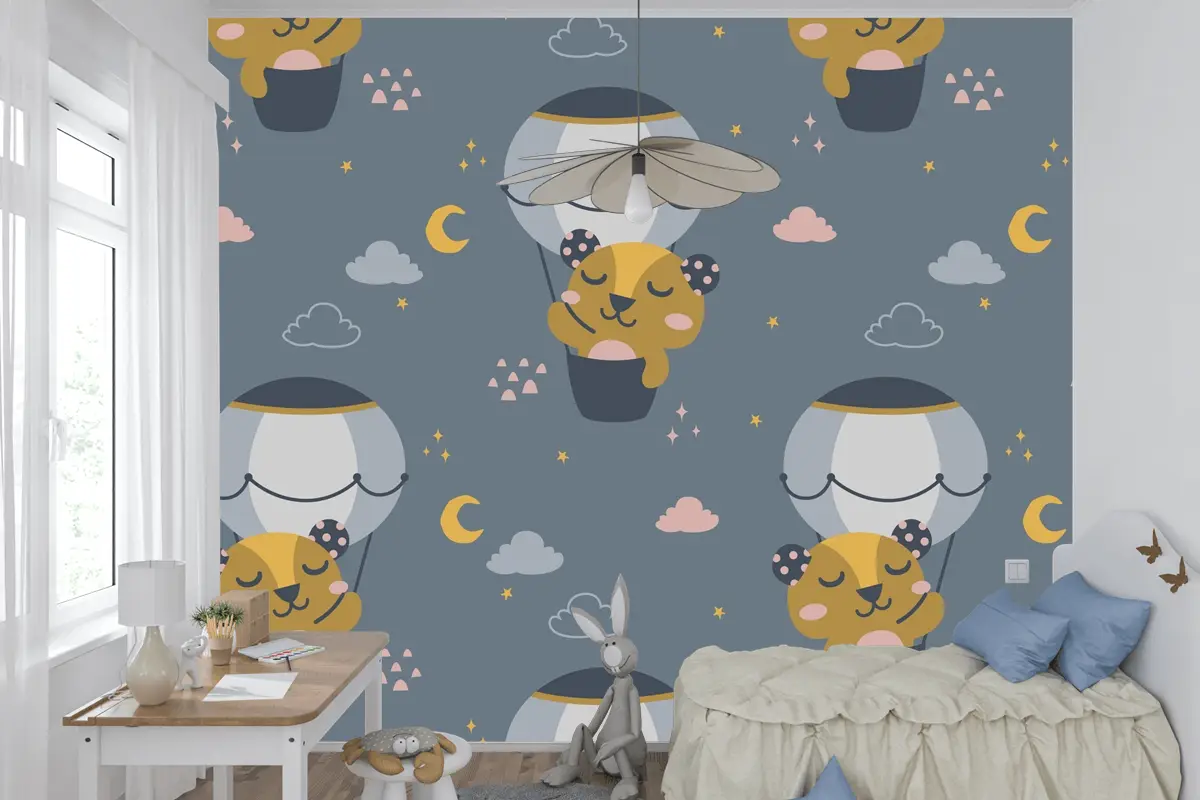 Uçan Sevimli Ayı İskandinav Desen Çocuk Odası Duvar Kağıdı