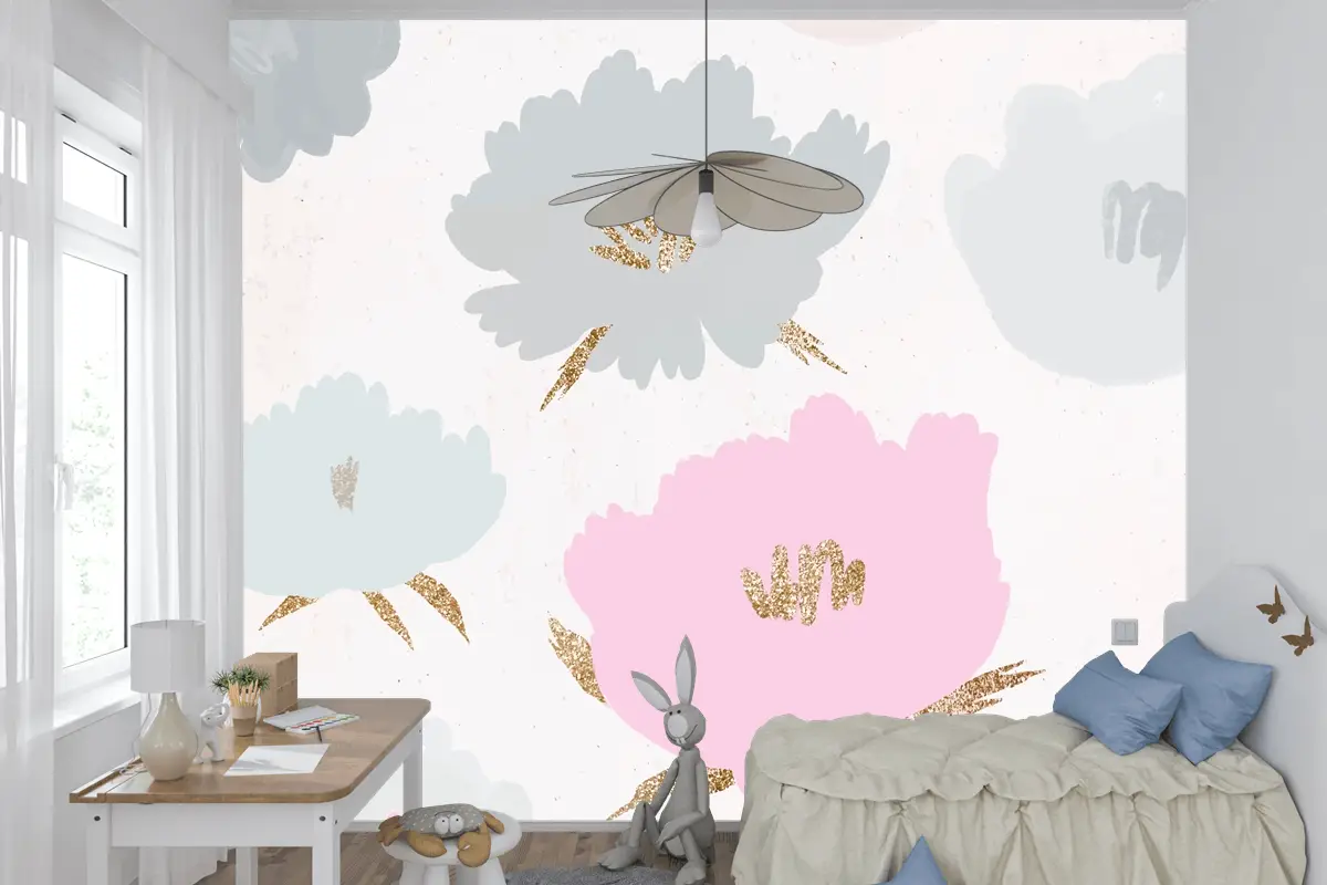 Çiçek Desenli Arka Plan Elle Çizilmiş Çocuk Odası Duvar Kağıdı 