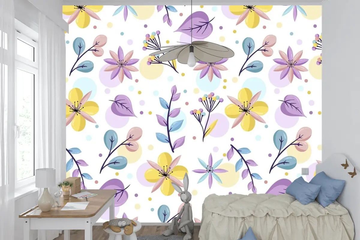 Pastel Renklerde Çiçek Desenli Çocuk Odası Duvar Kağıdı