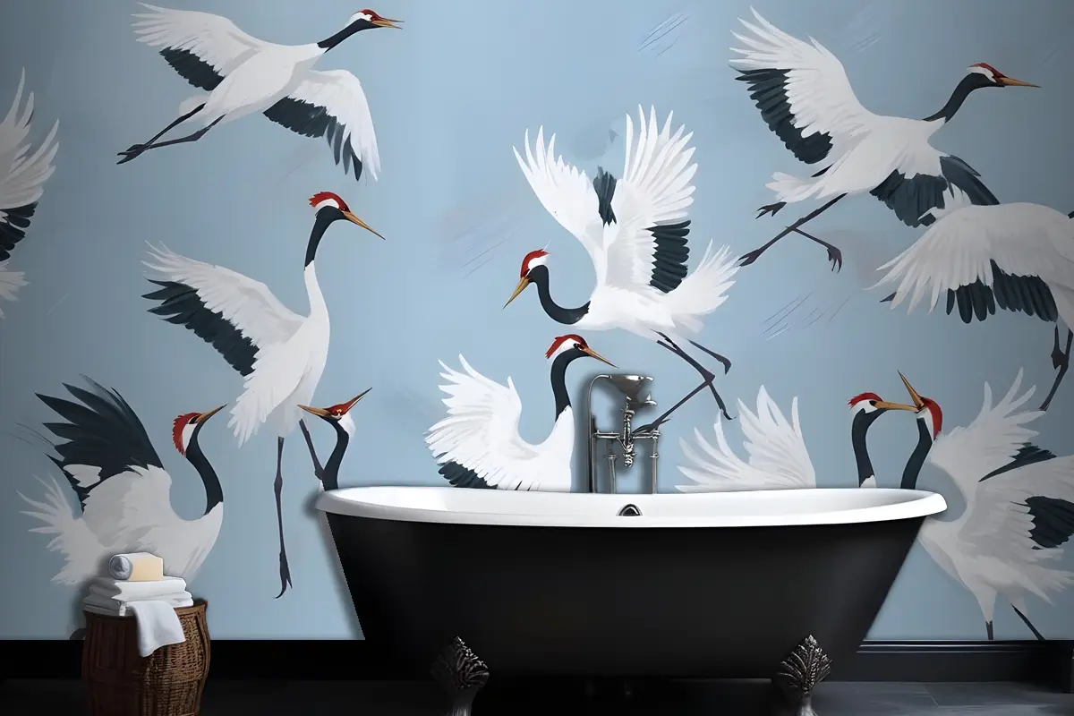 Uçan Japon Vinçleri Mavi Boyalı Banyo Duvar Kağıdı