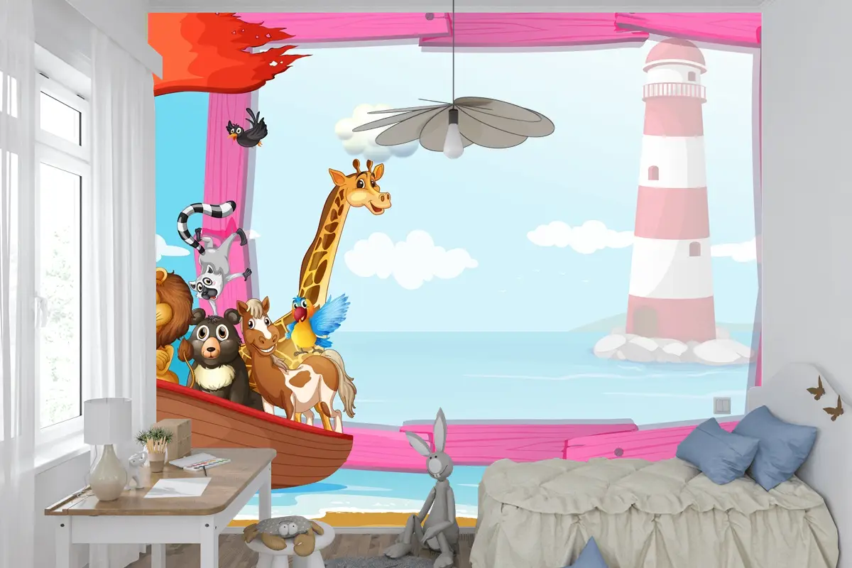Teknede Vahşi Hayvanların Bulunduğu Çerçeve Çocuk Odası Duvar Kağıdı